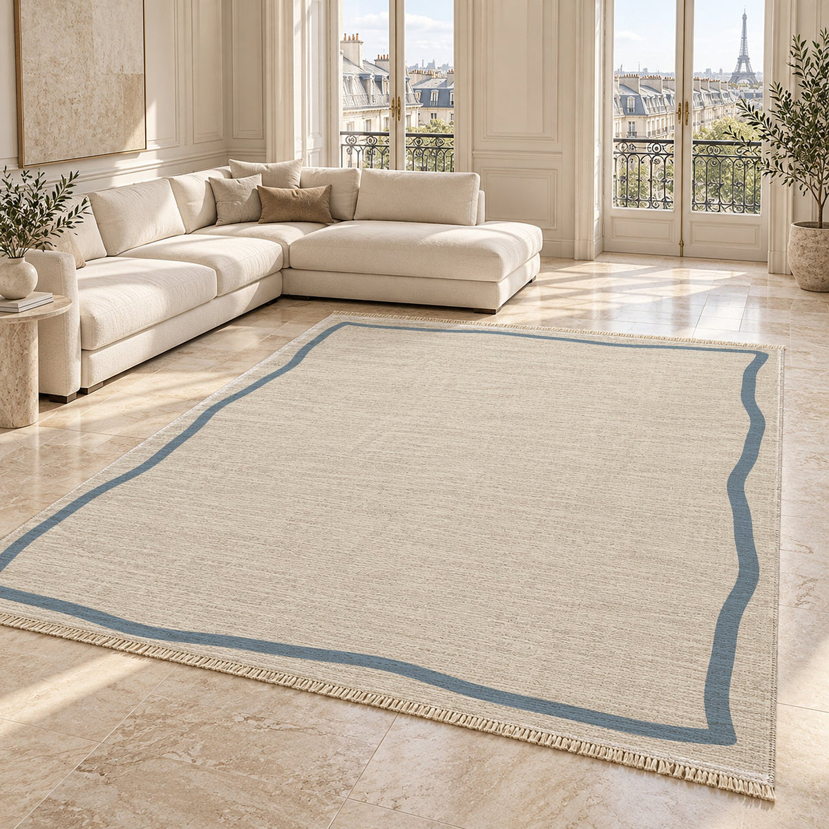 Ribbon Border Ivory & Dusty Blue washable rug angled room view on marble