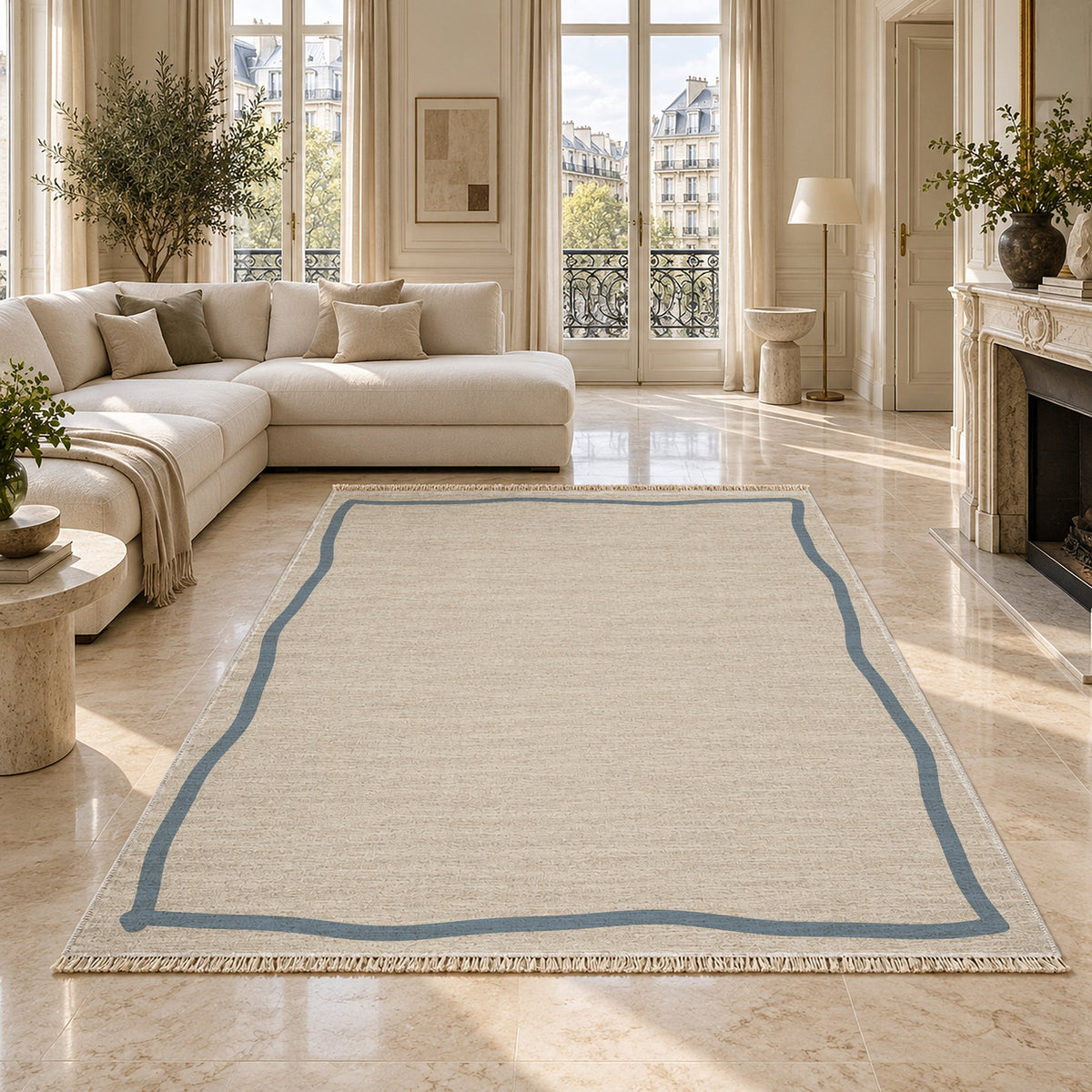 Ribbon Border Ivory & Dusty Blue washable rug on a marble floor