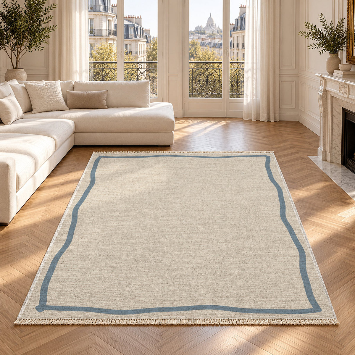 Ribbon Border Ivory & Dusty Blue washable rug in a Paris living room