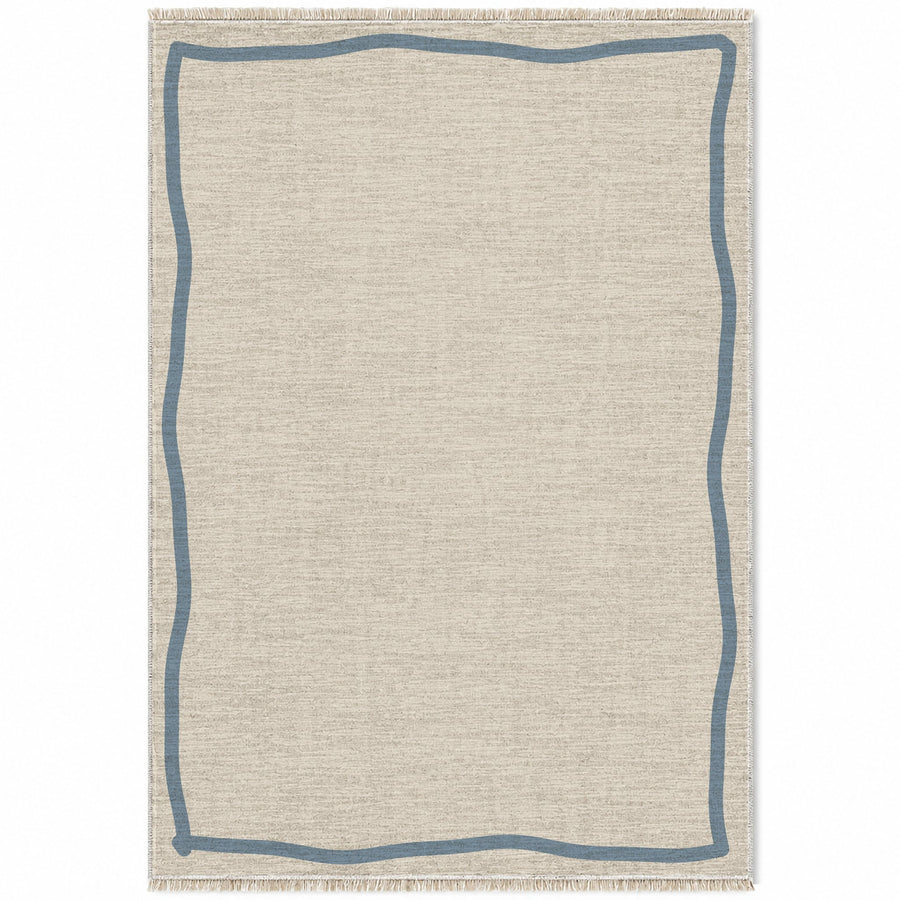 Ribbon Border Ivory & Dusty Blue Bordered Washable Rug