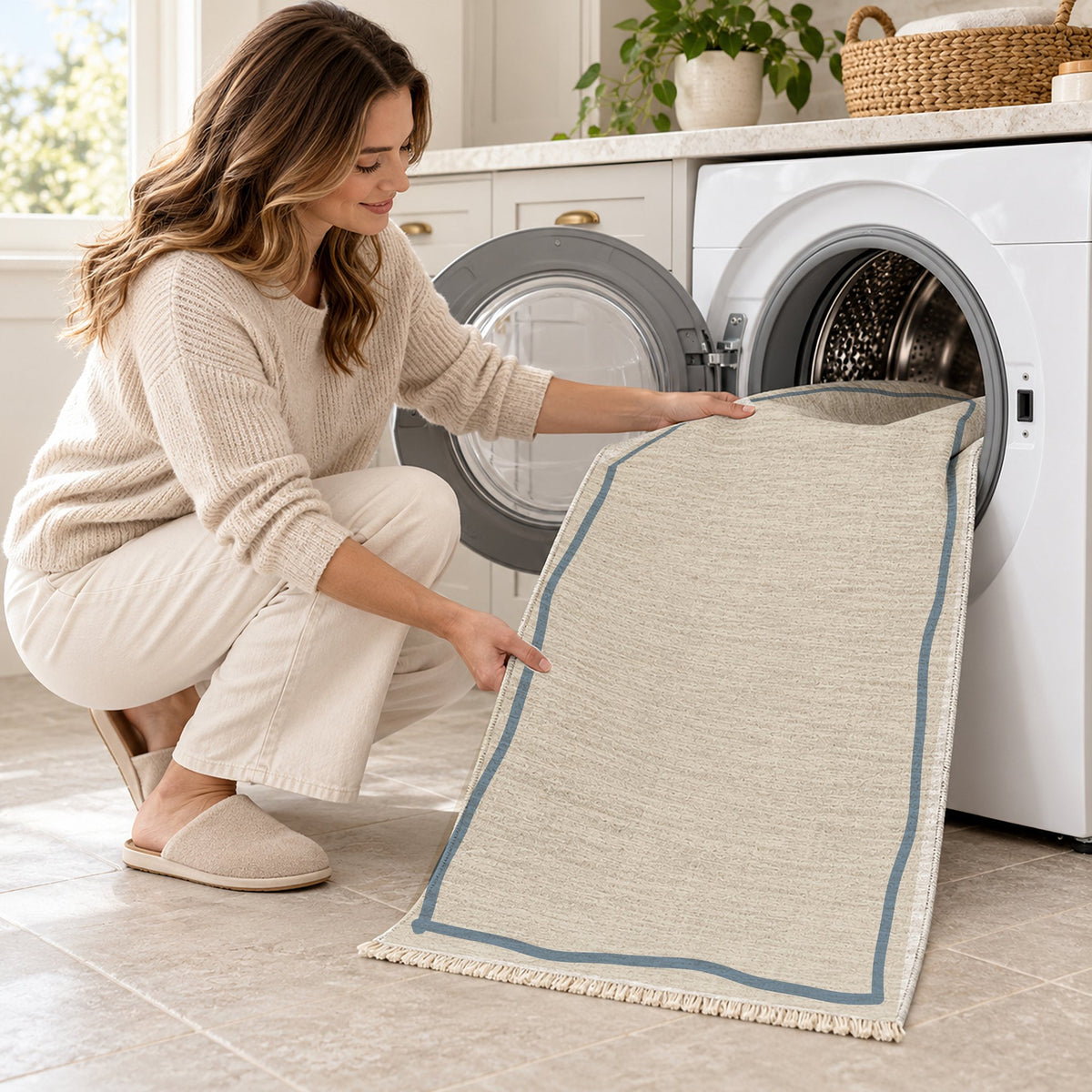 Ribbon Border Ivory & Dusty Blue washable rug being loaded into a washing machine