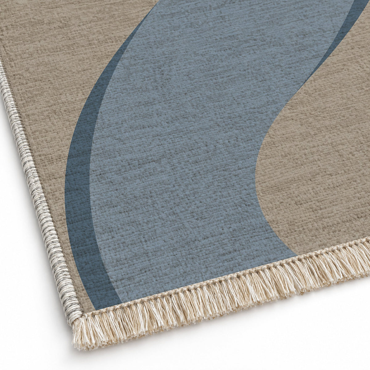 Ribbon Curve Greige & Dusty Blue washable rug close-up of the printed chenille