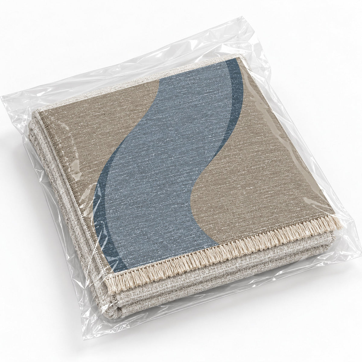 Ribbon Curve Greige & Dusty Blue washable rug rolled and packaged