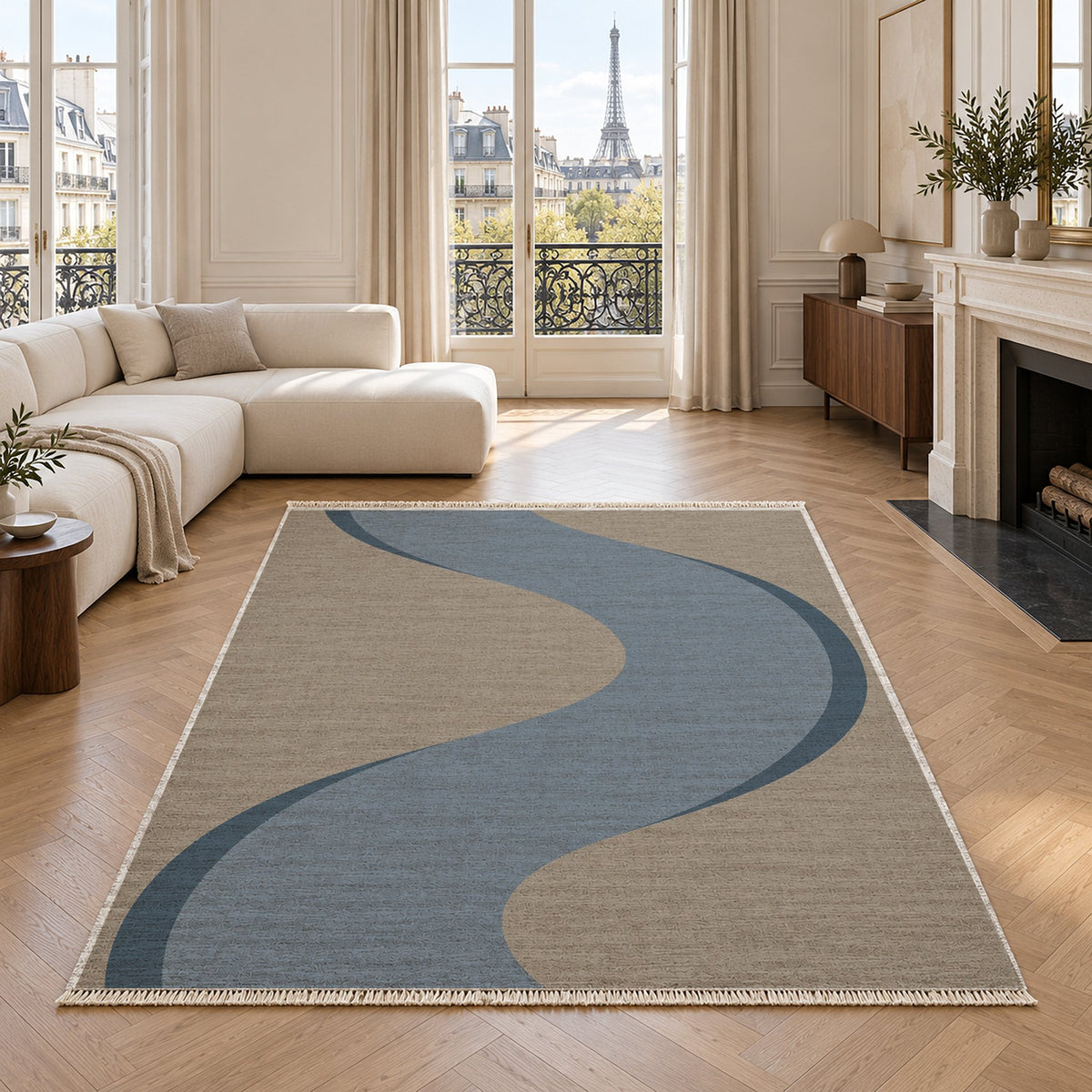 Ribbon Curve Greige & Dusty Blue washable rug in a living room with an Eiffel Tower view