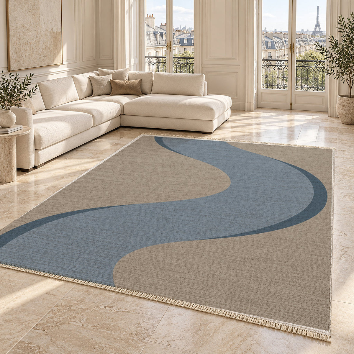 Ribbon Curve Greige & Dusty Blue washable rug angled room view on marble