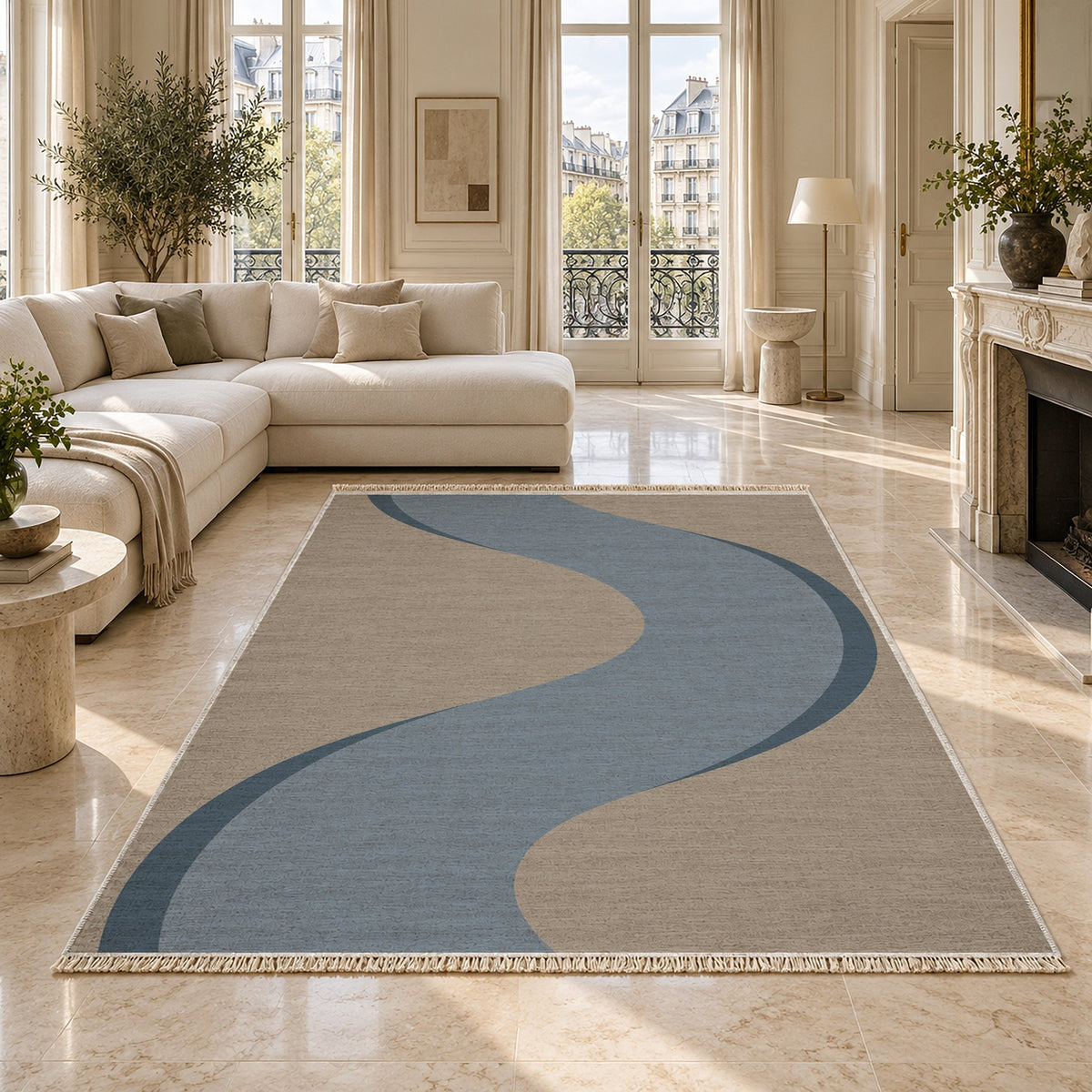 Ribbon Curve Greige & Dusty Blue washable rug on a marble floor