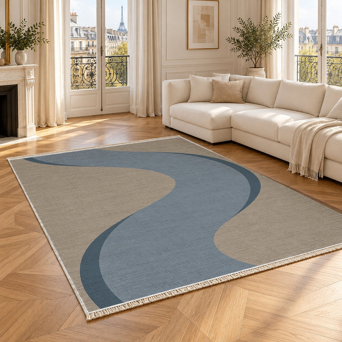 Ribbon Curve Greige & Dusty Blue washable rug angled room view