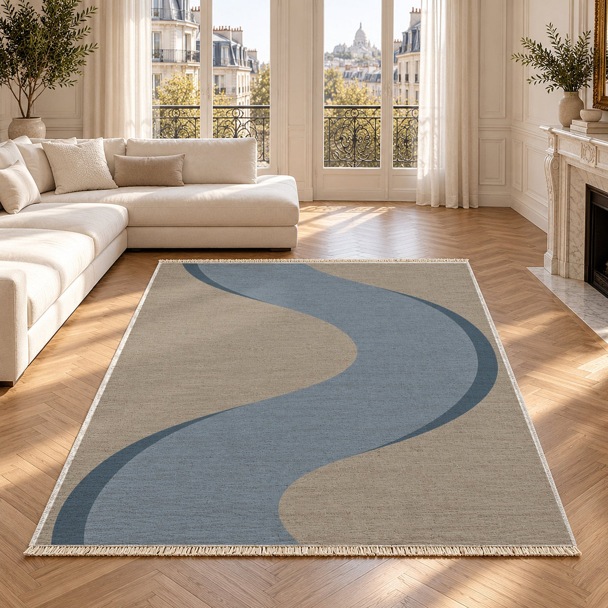 Ribbon Curve Greige & Dusty Blue washable rug in a Paris living room