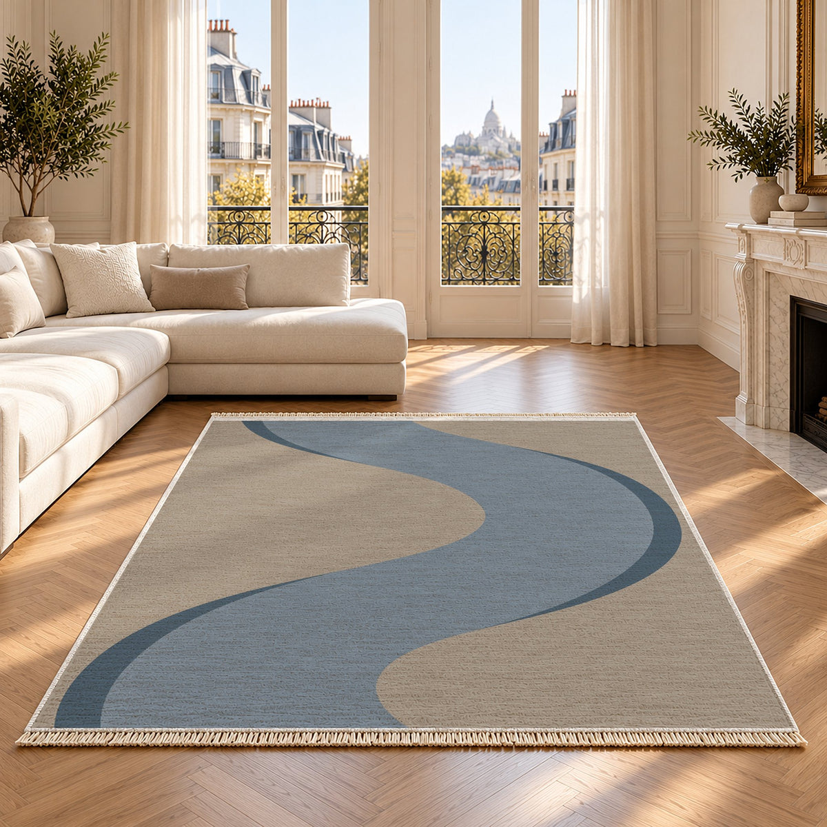 Ribbon Curve Greige & Dusty Blue washable rug on an oak floor