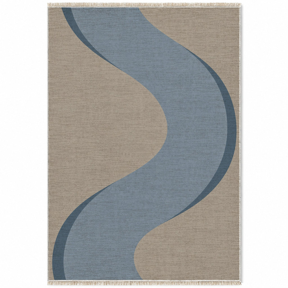 Ribbon Curve Greige & Dusty Blue washable rug top view