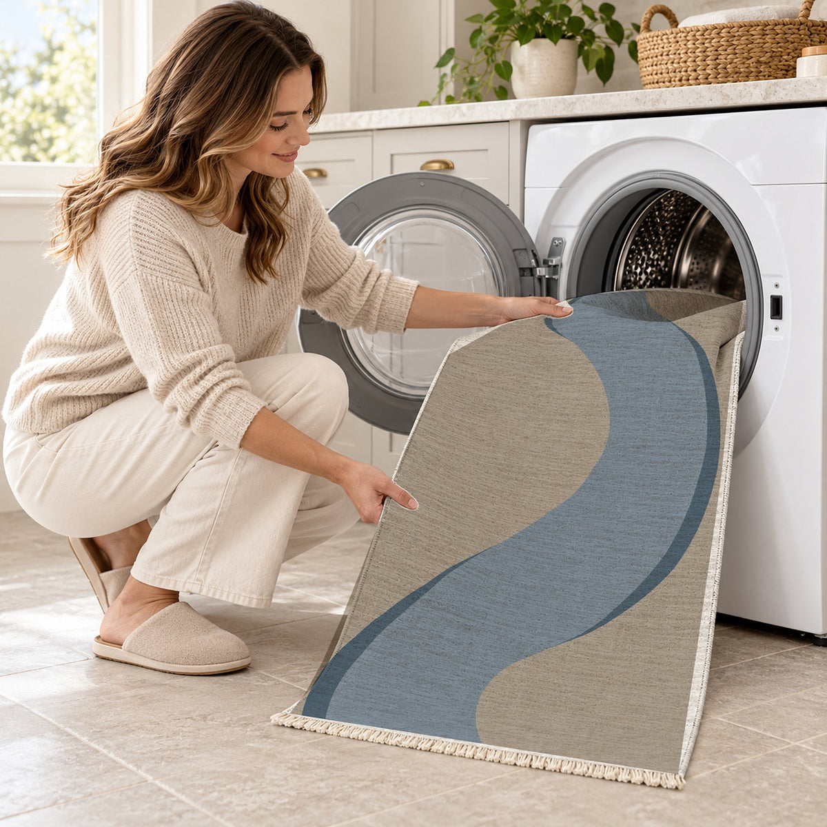 Ribbon Curve Greige & Dusty Blue washable rug being loaded into a washing machine