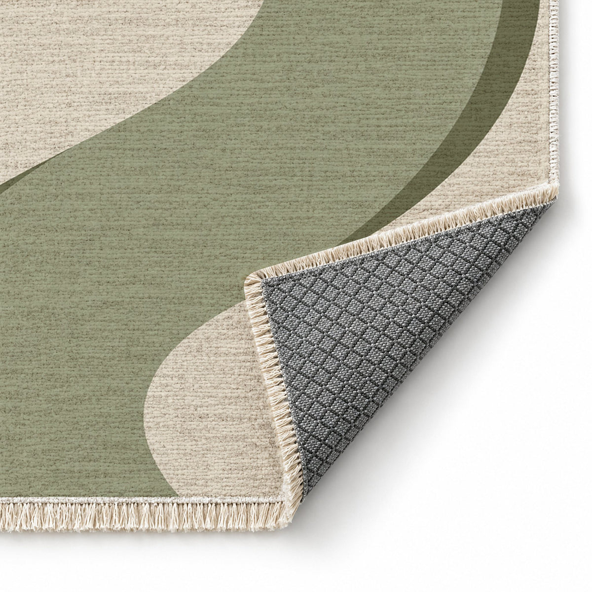 Ribbon Curve Ivory & Sage washable rug folded corner showing the backing