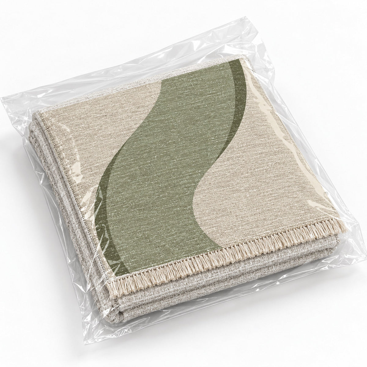 Ribbon Curve Ivory & Sage washable rug rolled and packaged