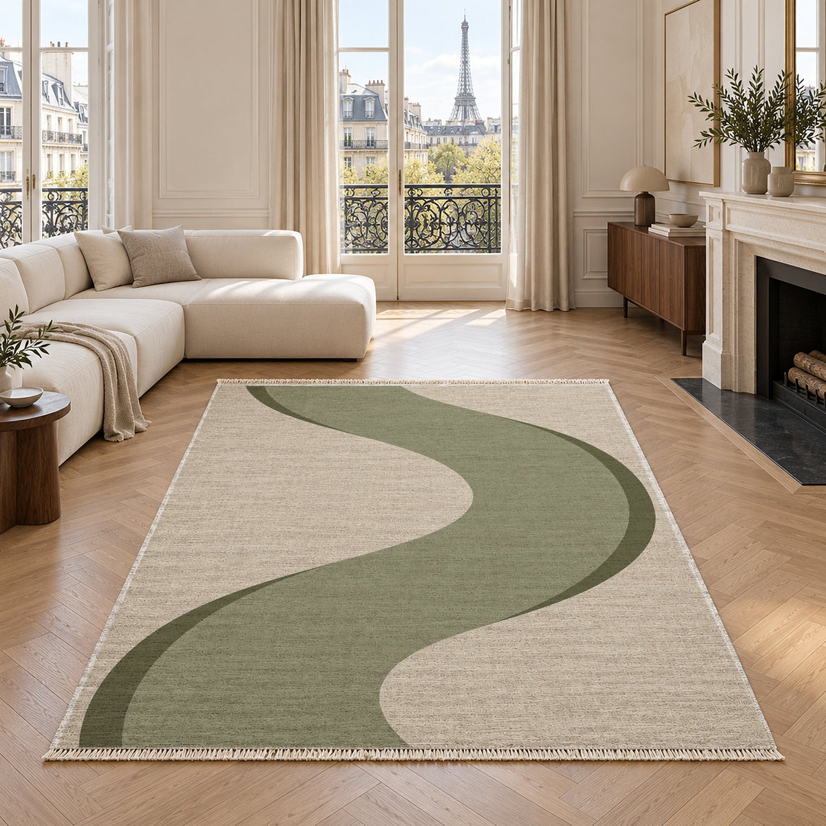 Ribbon Curve Ivory & Sage washable rug in a living room with an Eiffel Tower view