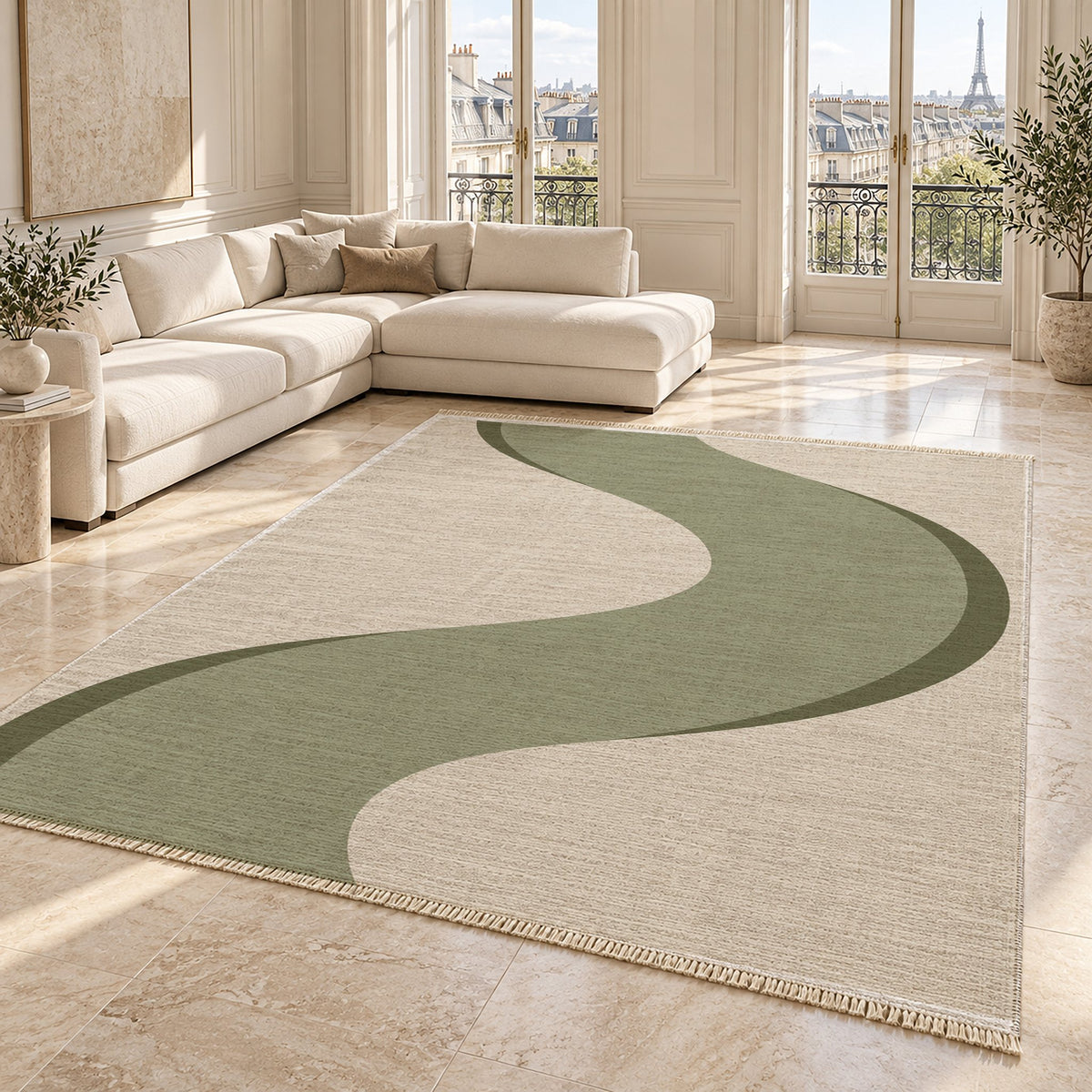 Ribbon Curve Ivory & Sage washable rug angled room view on marble
