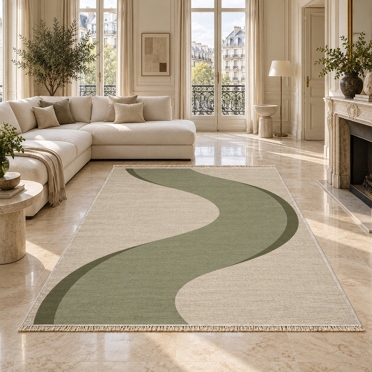 Ribbon Curve Ivory & Sage washable rug on a marble floor