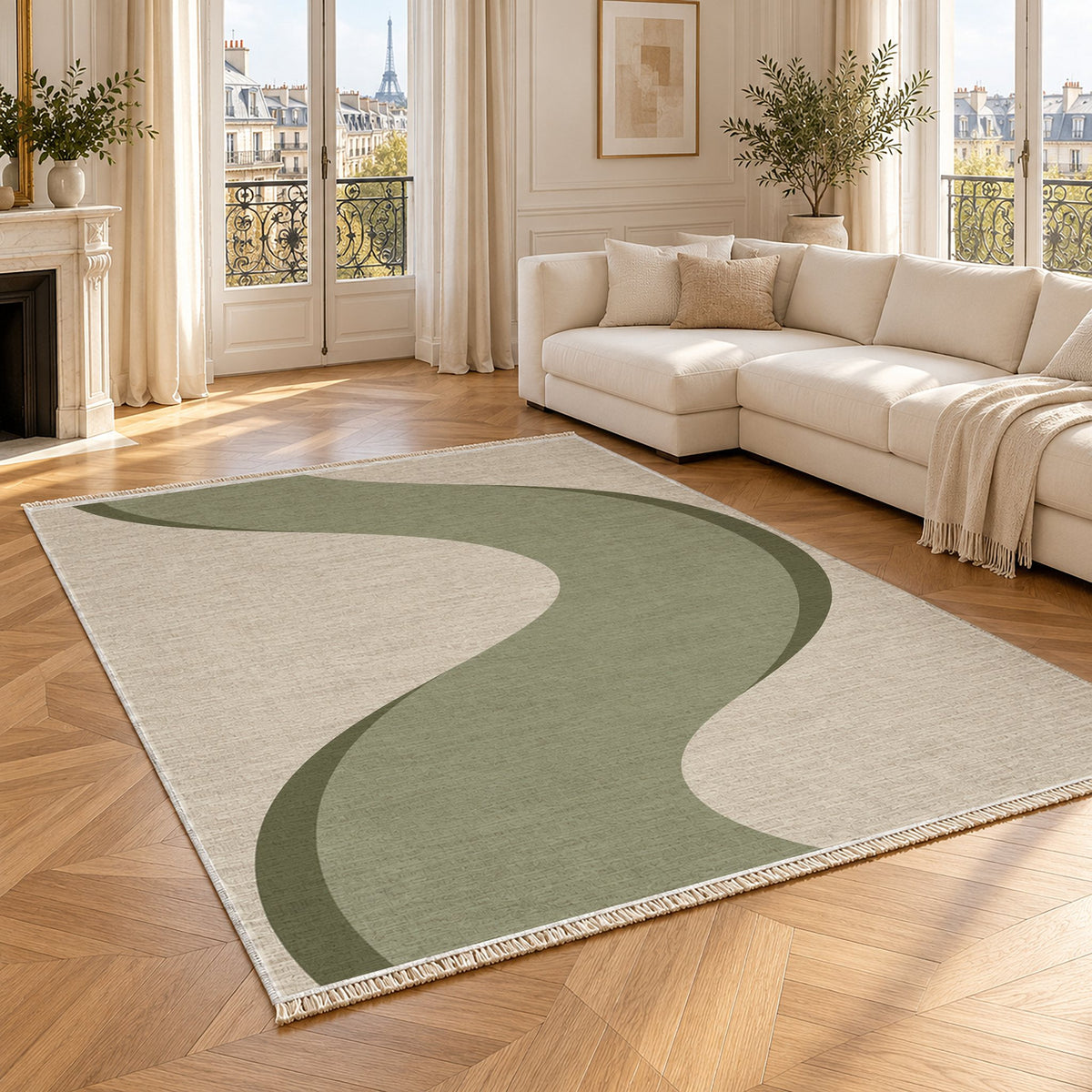 Ribbon Curve Ivory & Sage washable rug angled room view