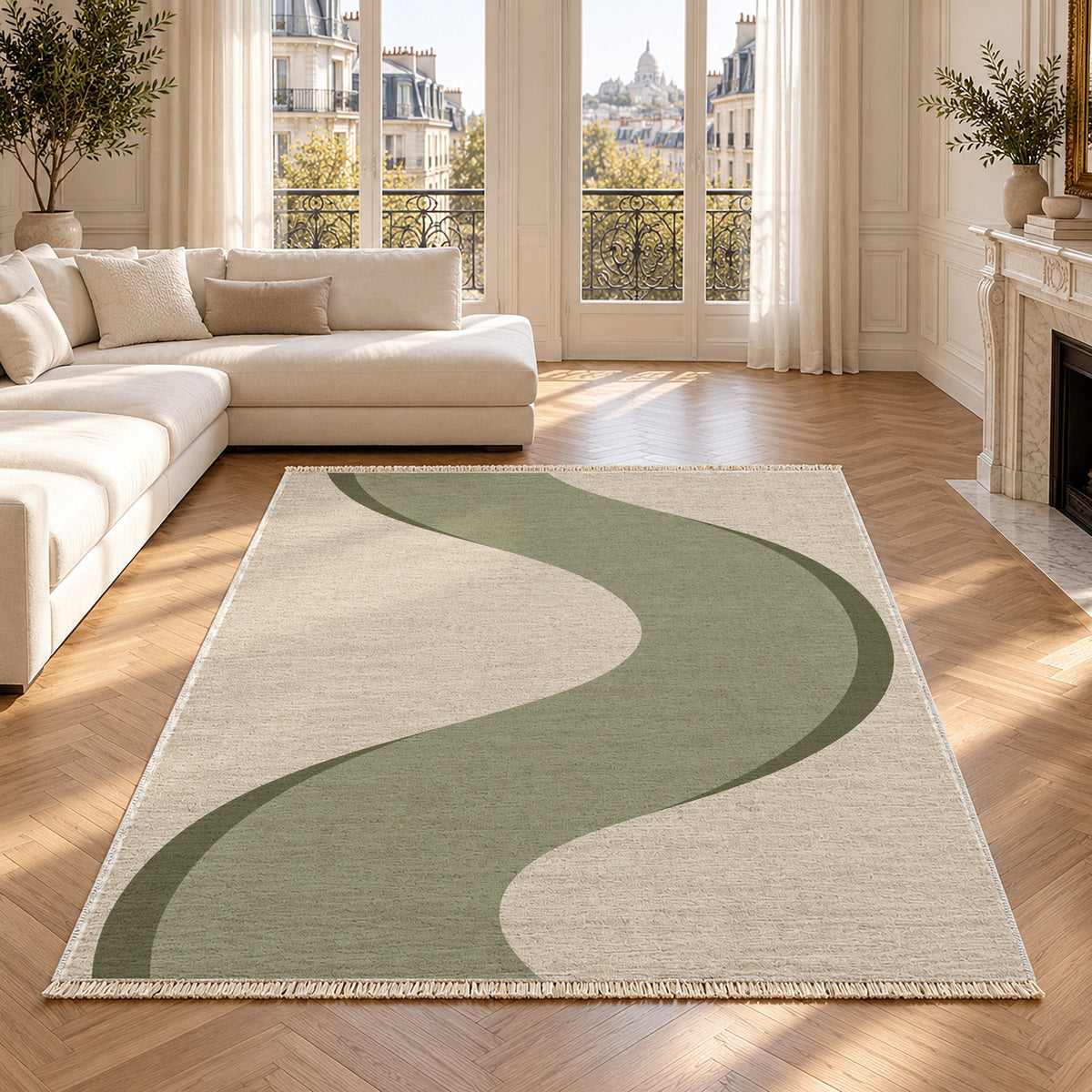 Ribbon Curve Ivory & Sage washable rug in a Paris living room