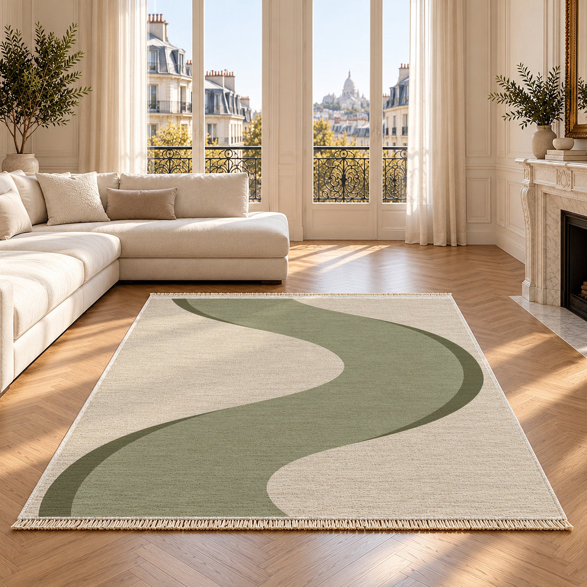 Ribbon Curve Ivory & Sage washable rug on an oak floor