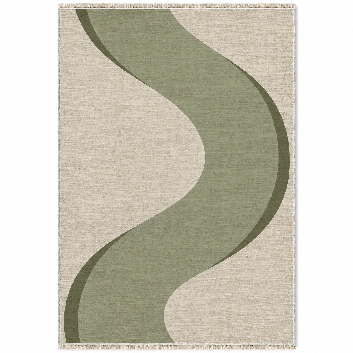 Ribbon Curve Ivory & Sage washable rug top view