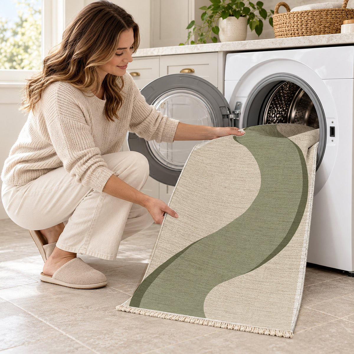 Ribbon Curve Ivory & Sage washable rug being loaded into a washing machine