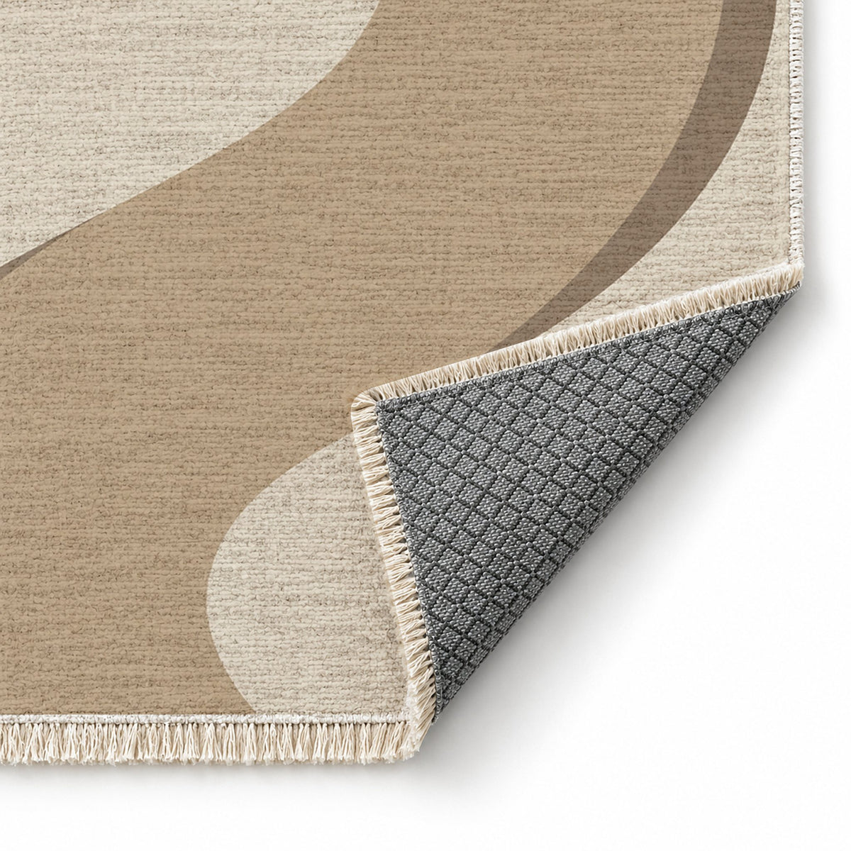 Ribbon Curve Ivory & Sand washable rug folded corner showing the backing