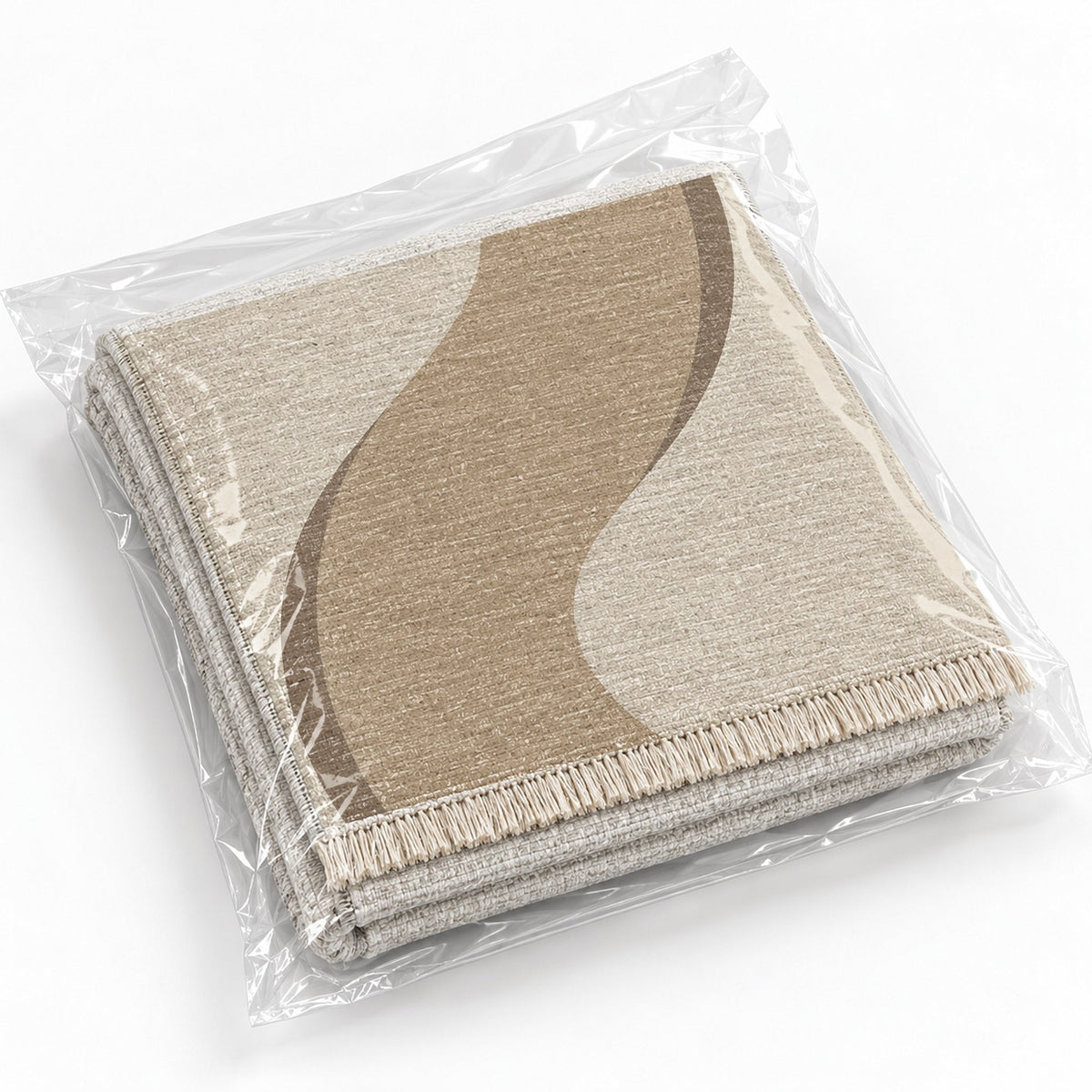 Ribbon Curve Ivory & Sand washable rug rolled and packaged