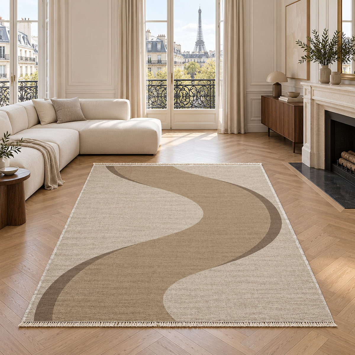 Ribbon Curve Ivory & Sand washable rug in a living room with an Eiffel Tower view