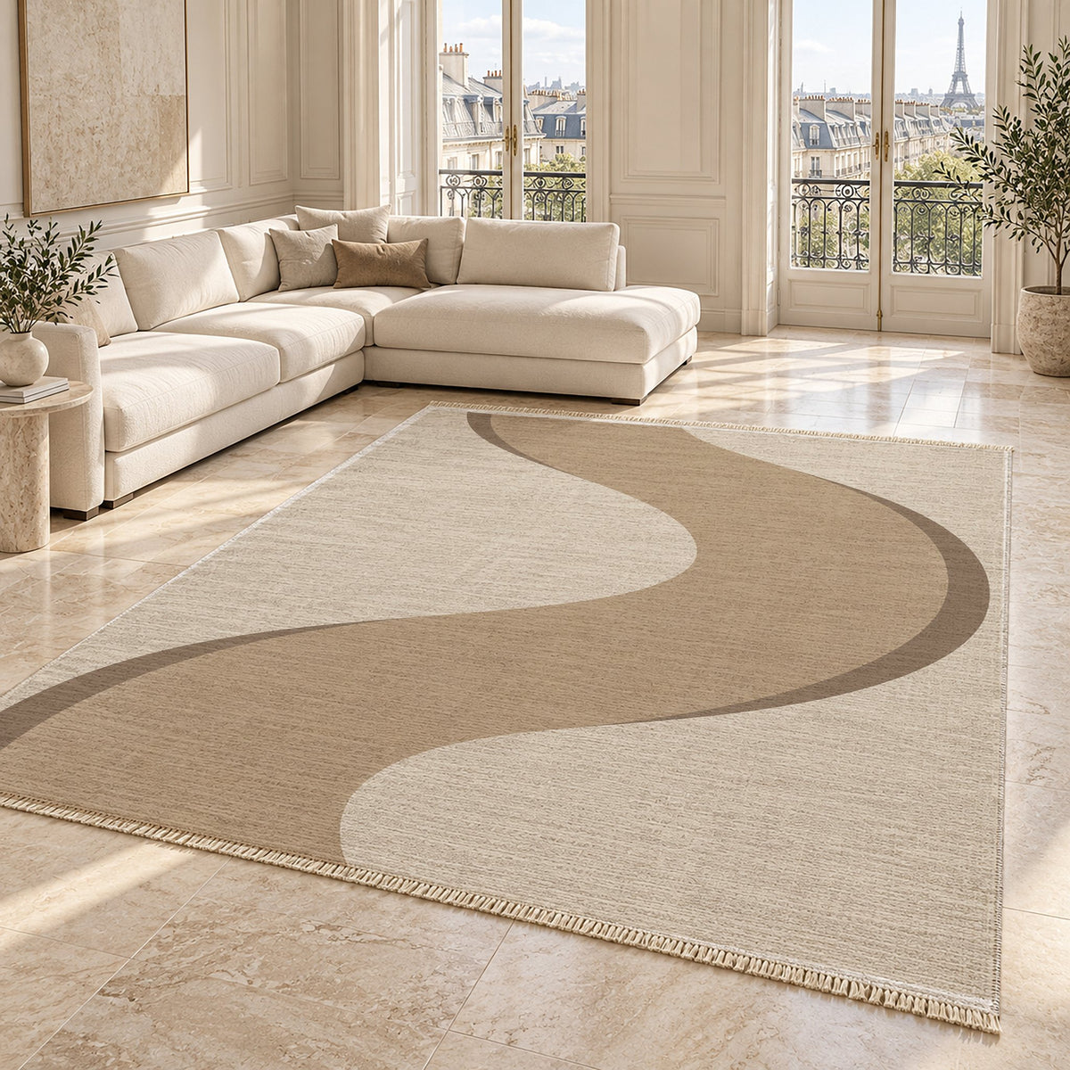 Ribbon Curve Ivory & Sand washable rug angled room view on marble