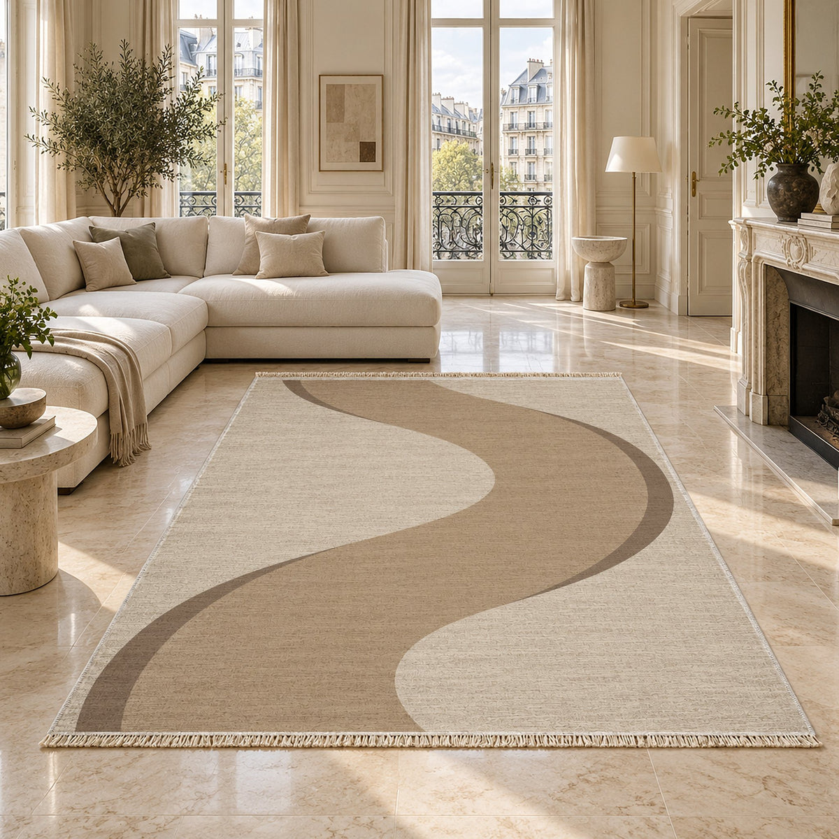 Ribbon Curve Ivory & Sand washable rug on a marble floor