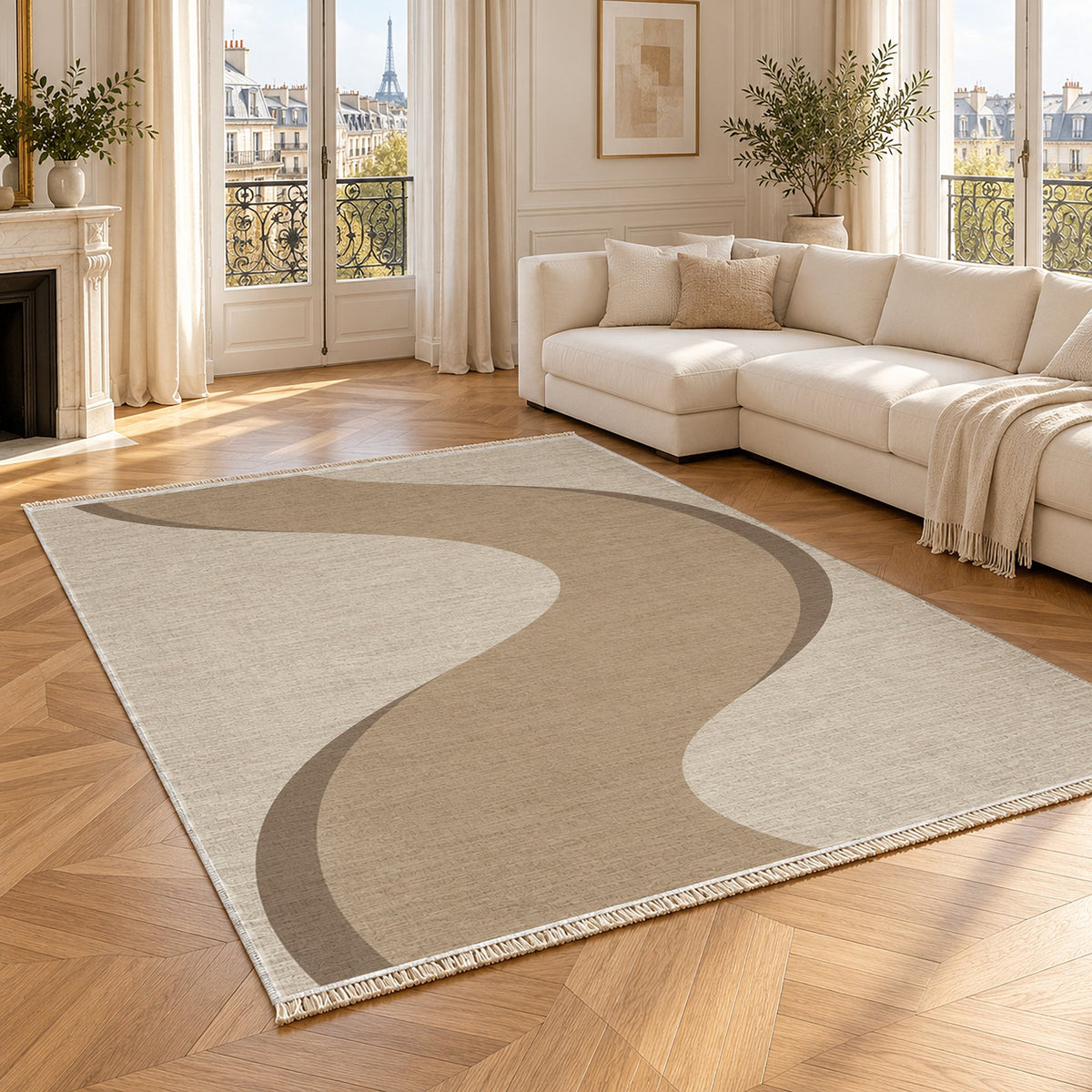 Ribbon Curve Ivory & Sand washable rug angled room view