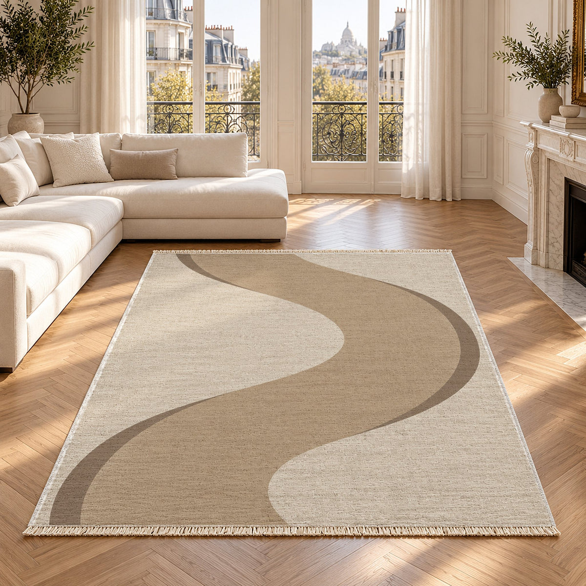 Ribbon Curve Ivory & Sand washable rug in a Paris living room