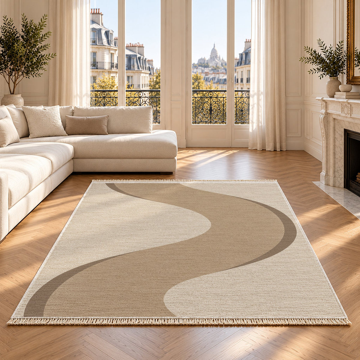 Ribbon Curve Ivory & Sand washable rug on an oak floor