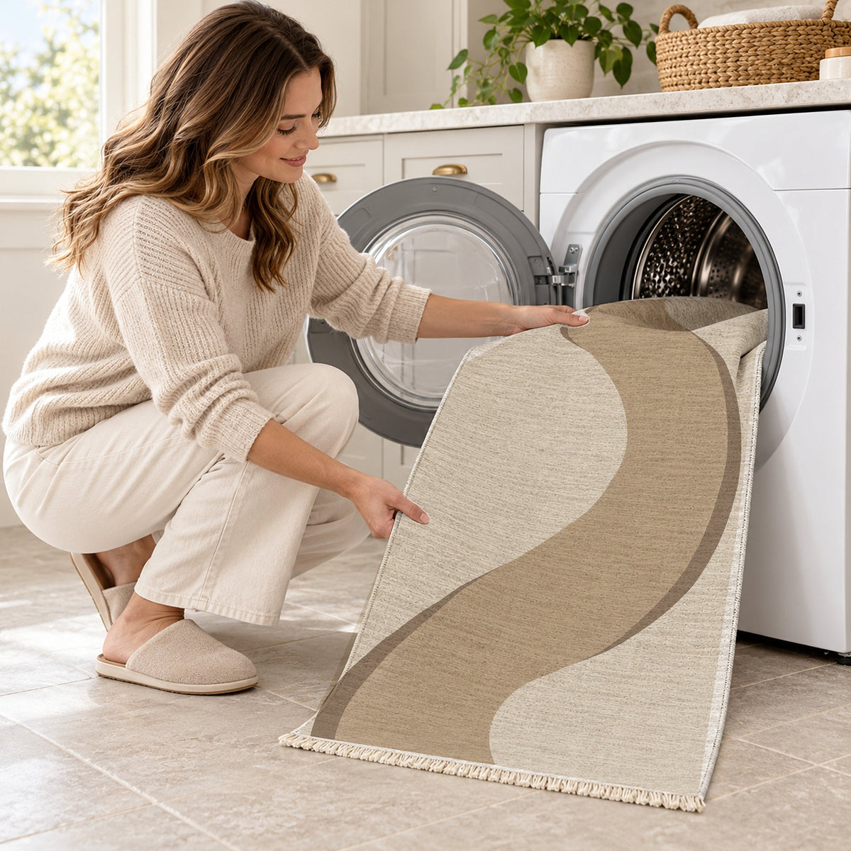 Ribbon Curve Ivory & Sand washable rug being loaded into a washing machine