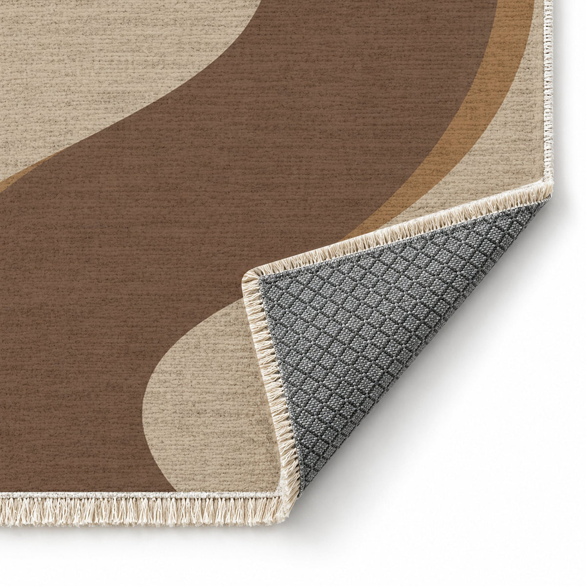 Ribbon Curve Oat & Cocoa washable rug folded corner showing the backing