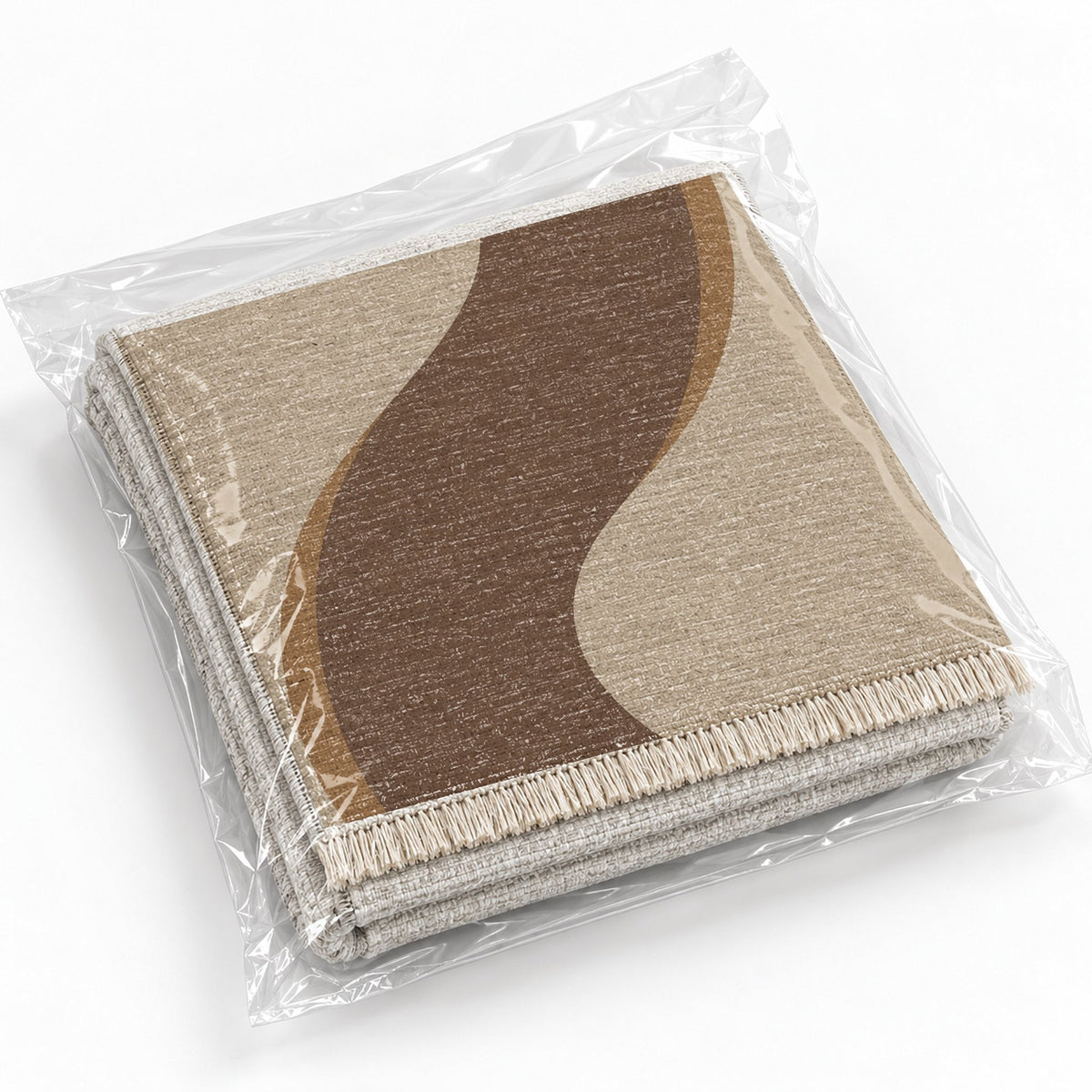 Ribbon Curve Oat & Cocoa washable rug rolled and packaged