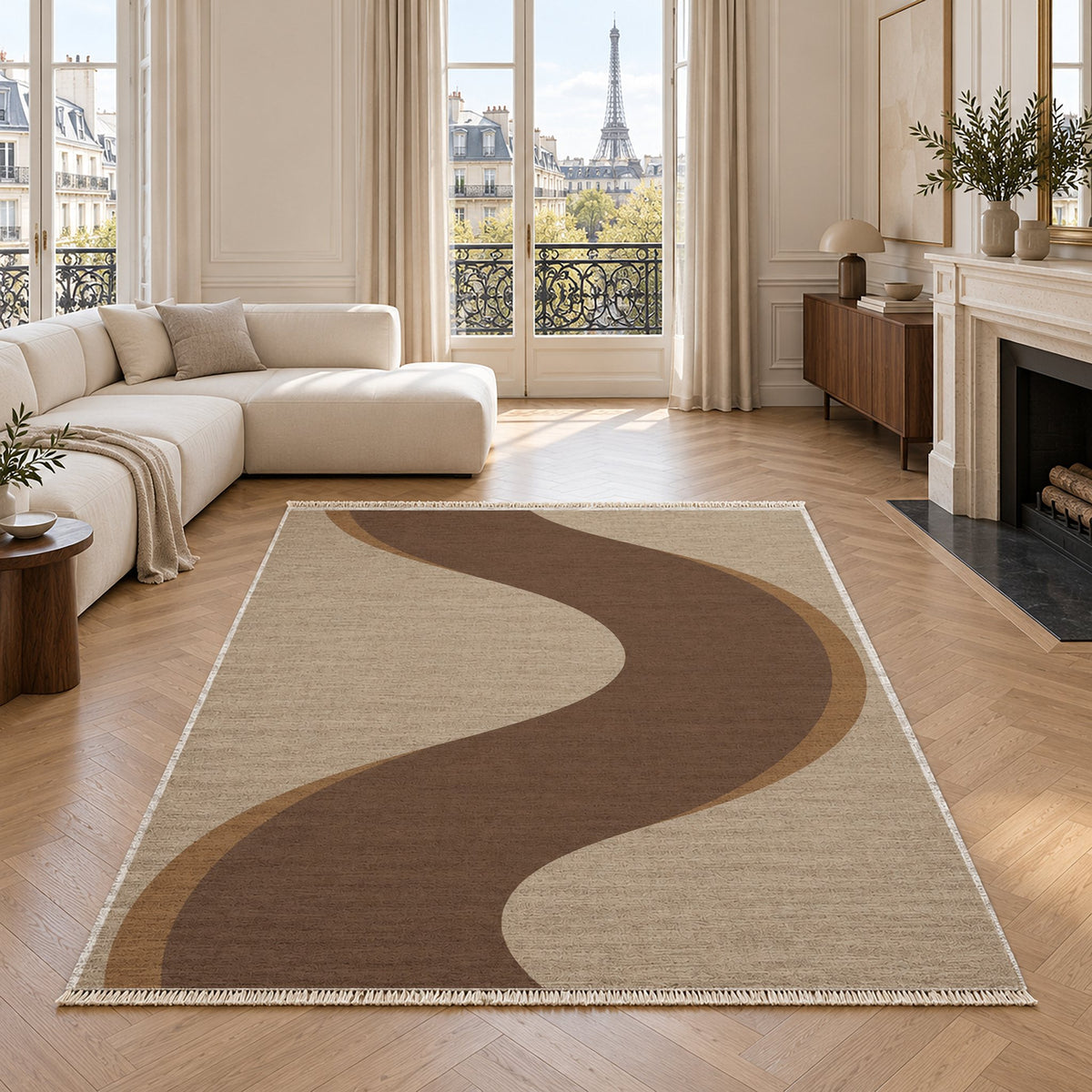 Ribbon Curve Oat & Cocoa washable rug in a living room with an Eiffel Tower view