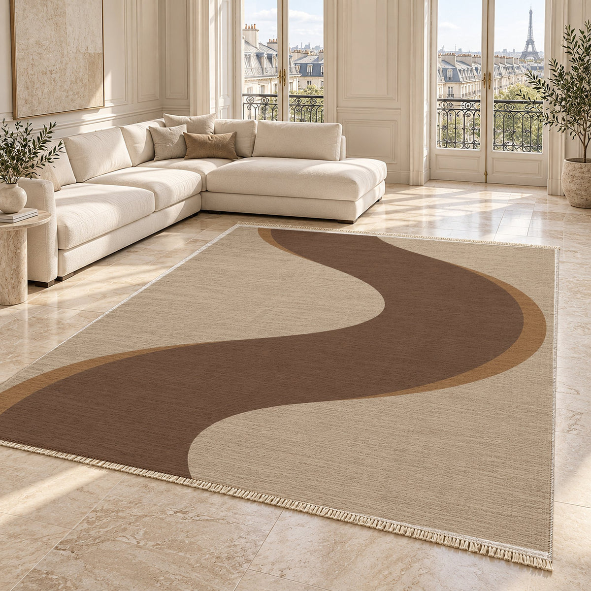 Ribbon Curve Oat & Cocoa washable rug angled room view on marble