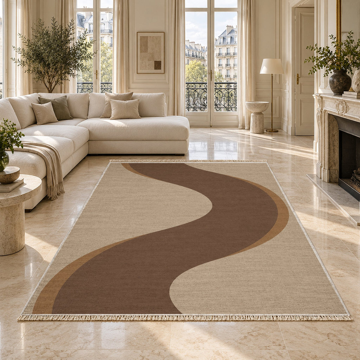 Ribbon Curve Oat & Cocoa washable rug on a marble floor