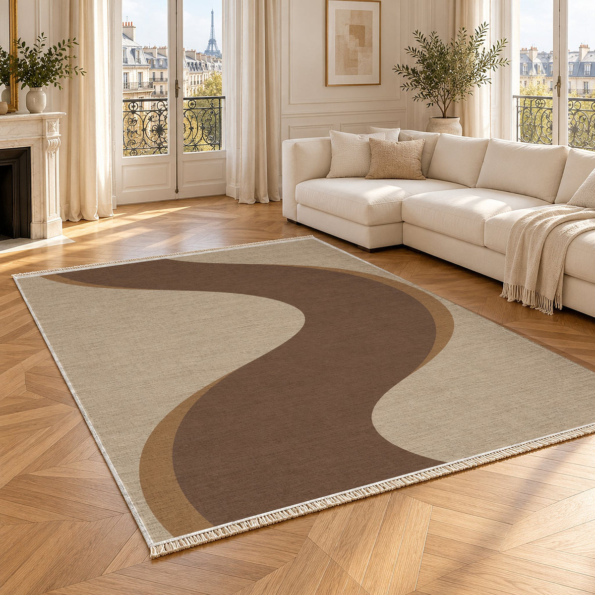 Ribbon Curve Oat & Cocoa washable rug angled room view