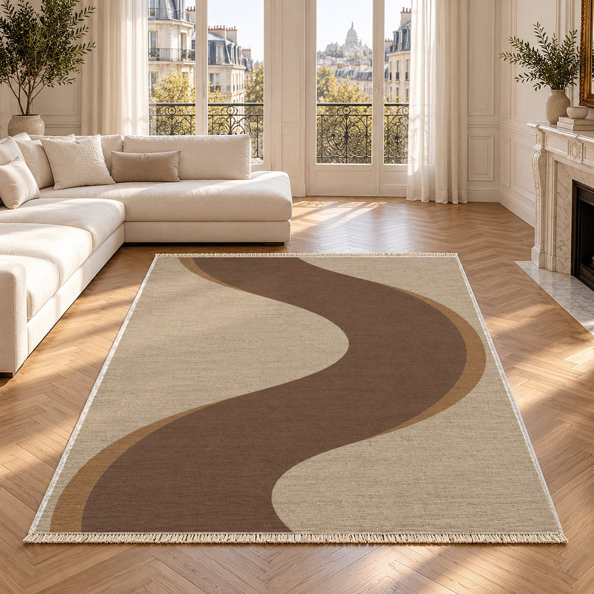 Ribbon Curve Oat & Cocoa washable rug in a Paris living room