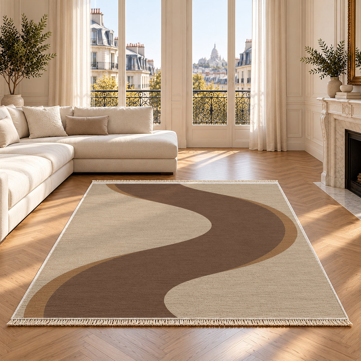 Ribbon Curve Oat & Cocoa washable rug on an oak floor