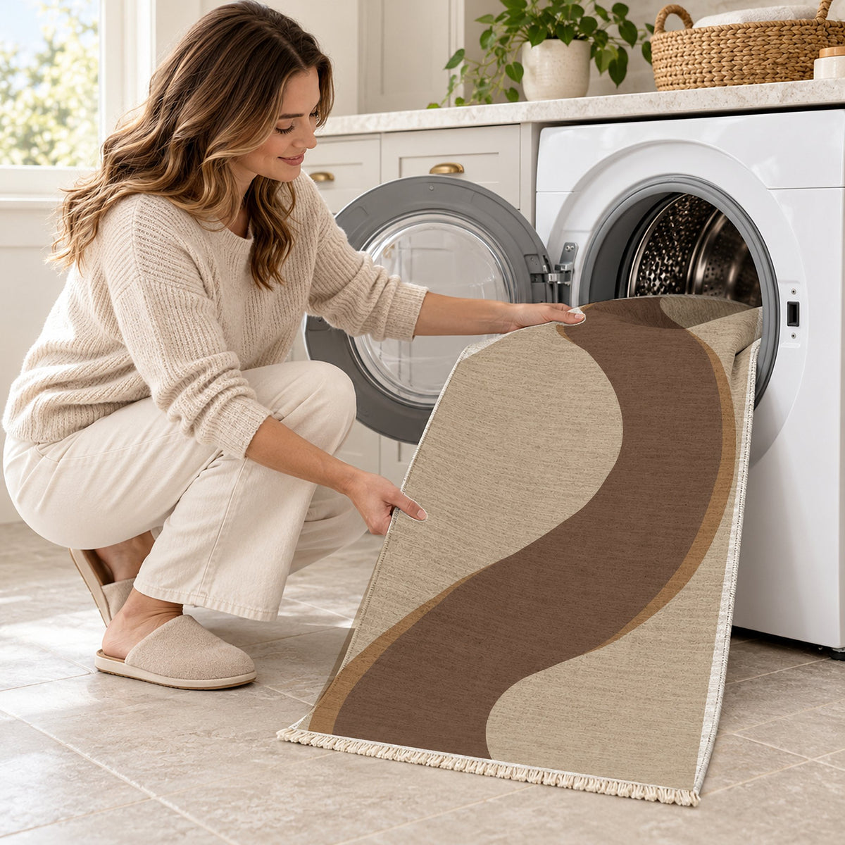 Ribbon Curve Oat & Cocoa washable rug being loaded into a washing machine