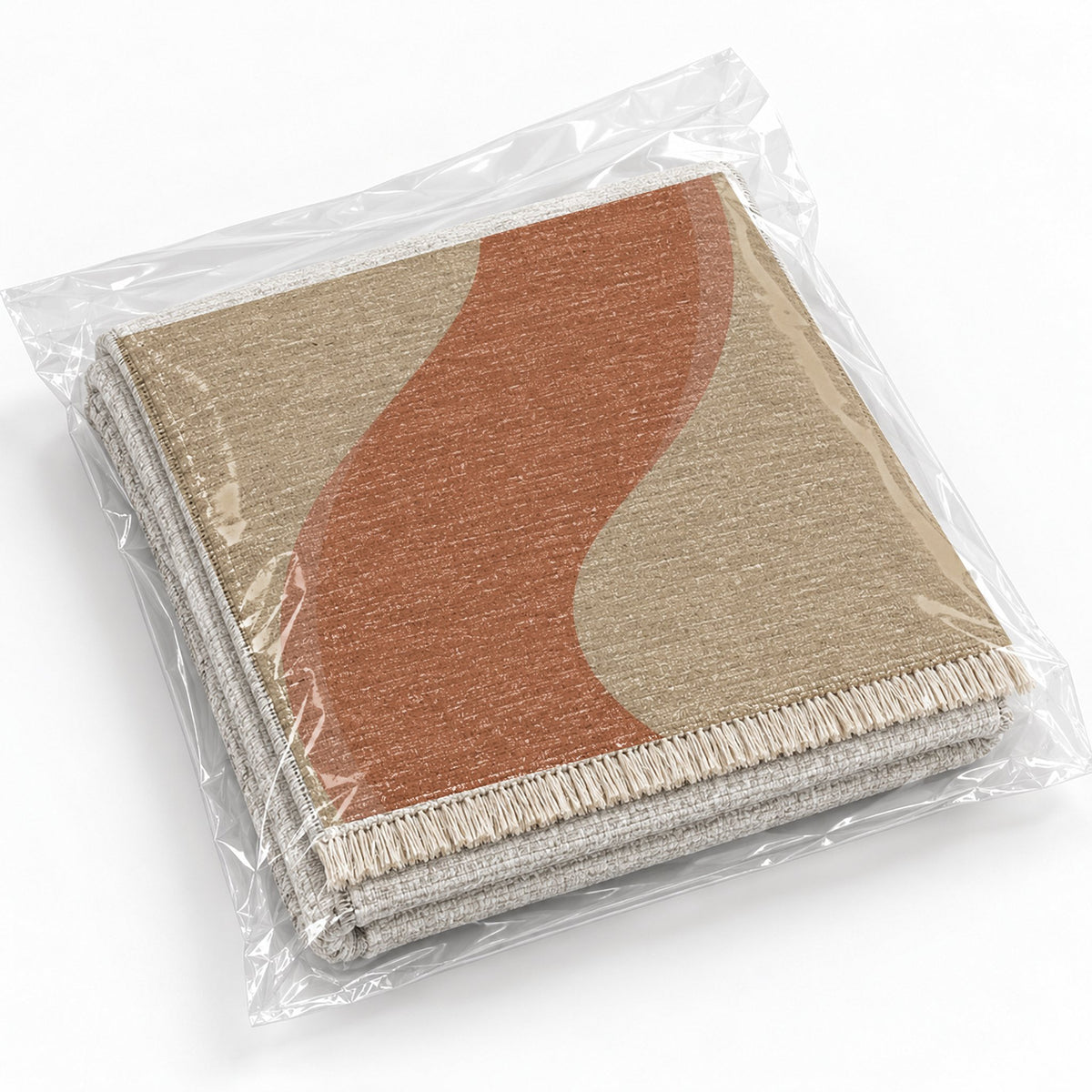 Ribbon Curve Sand & Terracotta washable rug rolled and packaged