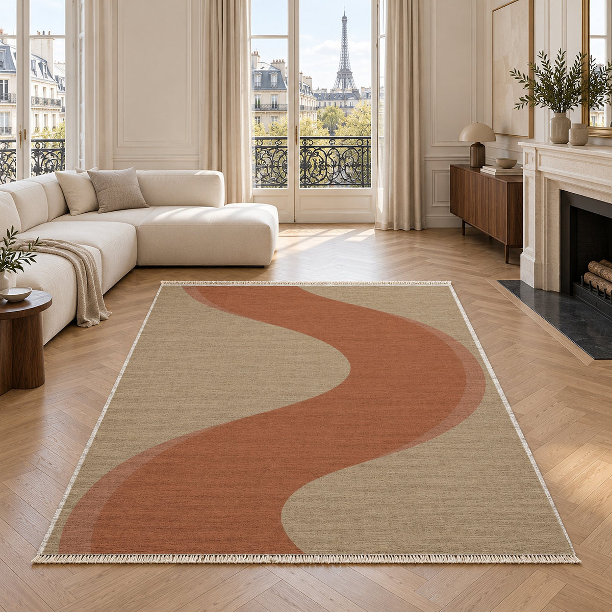 Ribbon Curve Sand & Terracotta washable rug in a living room with an Eiffel Tower view