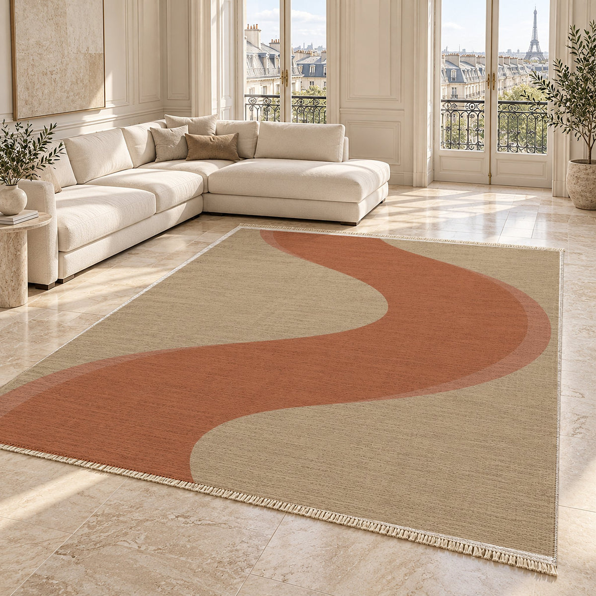 Ribbon Curve Sand & Terracotta washable rug angled room view on marble