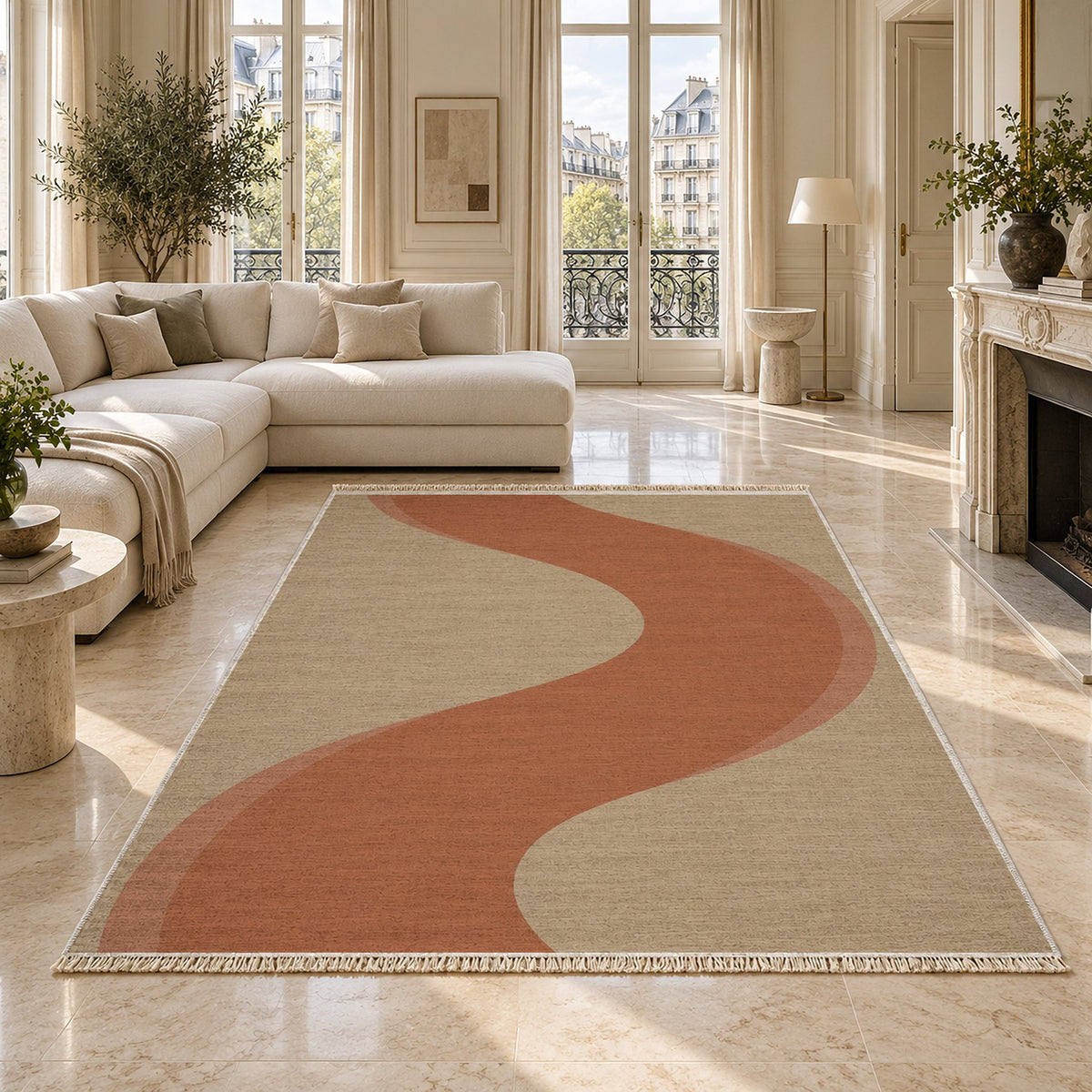 Ribbon Curve Sand & Terracotta washable rug on a marble floor