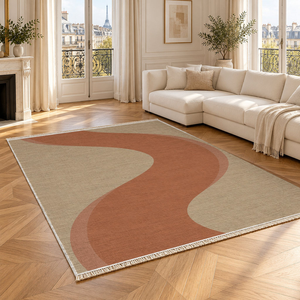 Ribbon Curve Sand & Terracotta washable rug angled room view