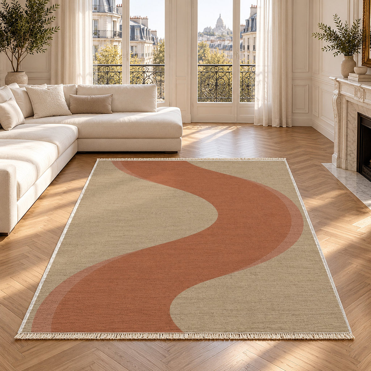 Ribbon Curve Sand & Terracotta washable rug in a Paris living room