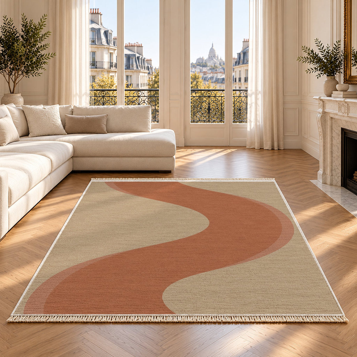 Ribbon Curve Sand & Terracotta washable rug on an oak floor
